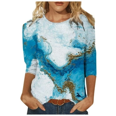 Ukumplol Long Sleeve Shirts for Women Going Out Tops for Women Crew Neck Tee Fashion Sleeves Mid Length Women's Spring Tops Printed Casual Women's Blouse Graphic Tees for Women Sky Blue Xl