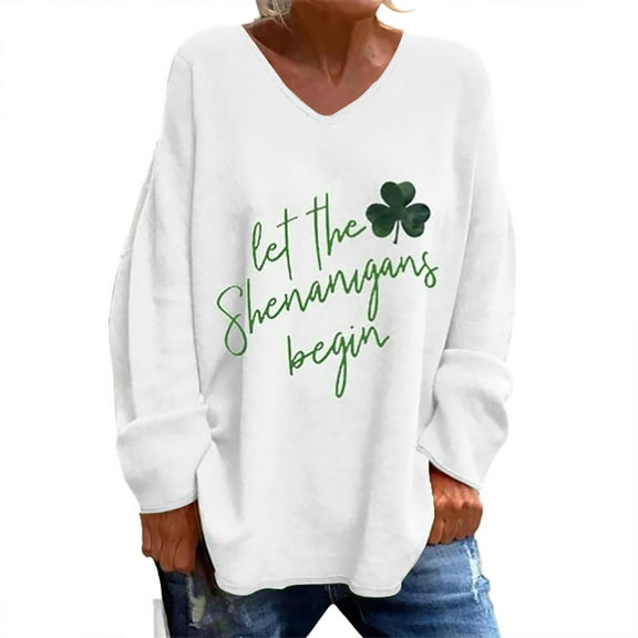Ukumplol St Patricks Day Shirt Green Shirts for Women's Long Sleeve Letter Printed V Neck Top Festive Casual T Shirt Notre Dame Sweatshirt White1 L