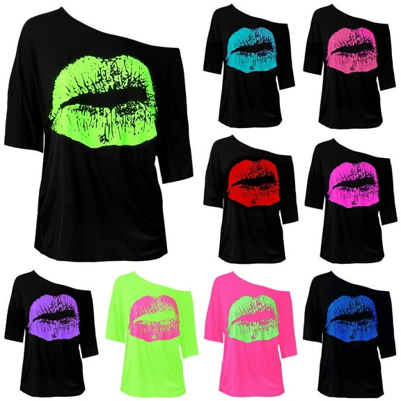 Ukumplol Womens T-shirts & Graphic Tees Going Out Tops for Women Off Shoulder Nostalgic Big Lip Print 80s Clothing Shoulder Medium Sleeved T Shirt Top Short Sleeve Tops for Women Black L