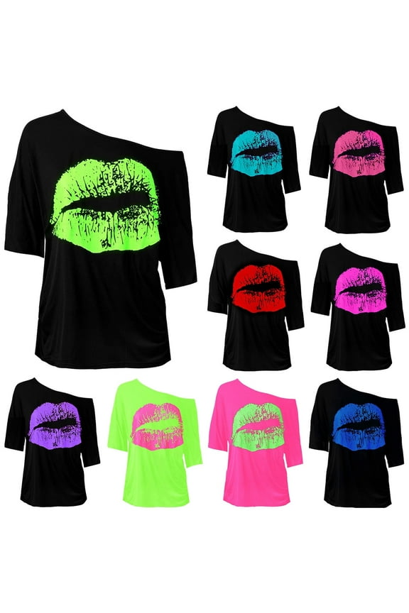 Womens T-shirts & Graphic Tees Short Sleeve Shirts for Women Off Shoulder Nostalgic Big Lip Print 80s Clothing Medium Sleeved T Shirt Tops for Women Trendy Summer Red XL
