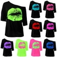 thumbnail image 1 of Ukumplol Womens T-shirts & Graphic Tees Summer Tops for Women 2025 Off Shoulder Nostalgic Big Lip Print 80s Clothing Shoulder Medium Sleeved T Shirt Top Women Summer Tops Blue M, 1 of 4