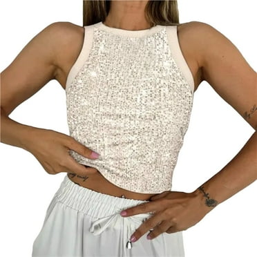 Ukumplol Womens Tops Tube Top Women's New Sequined Vest Round Neck Base Inner Layer Outer Layer Vest Sequin Tops for Women Beige L