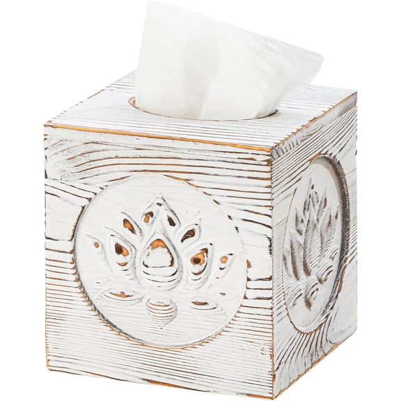 Ukwell Wood Carved Tissue Box Cover Square Distressed White Tissue Holder with Embossed Lotus Pattern, Rustic Vintage Home Decor for Bathrooom Bedroom Living Room