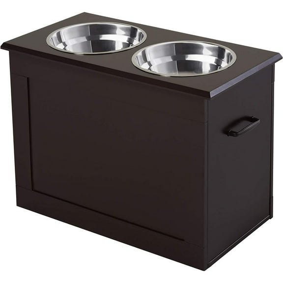 UlaREYoy Raised Pet Feeding Storage Station with 2 Stainless Steel Bowls Base for Large Dogs and Other Large Pets, Dark Brown