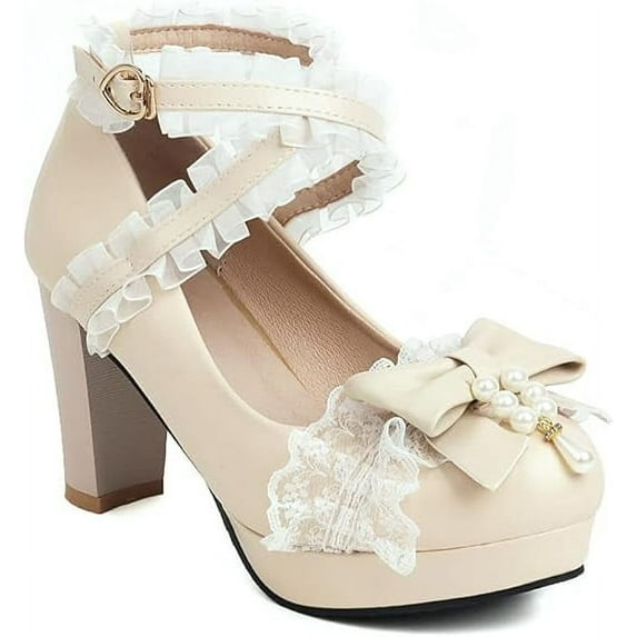 Ulalaza Women's High Heel Mary Jane Shoes Sweet Party Festive Lace Bow Pearl Strawberry Cute Dress Shoes