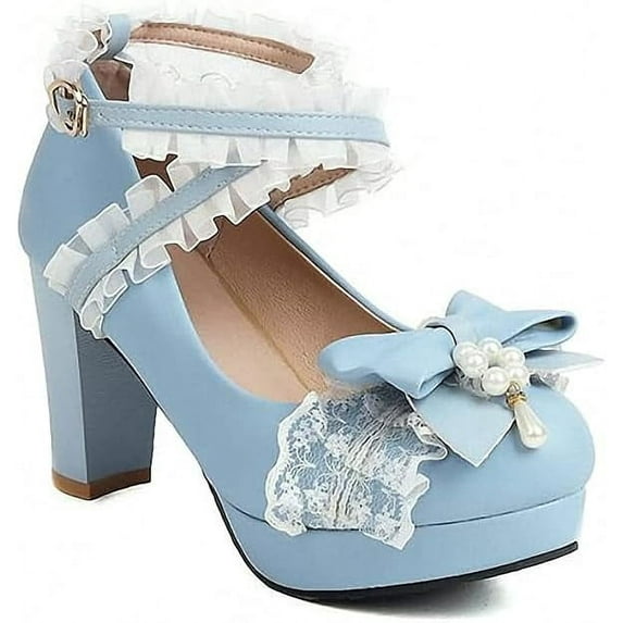 Ulalaza Women's High Heel Mary Jane Shoes Sweet Party Festive Lace Bow Pearl Strawberry Cute Dress Shoes