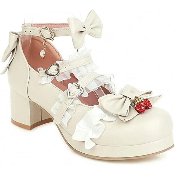Ulalaza Women's High Heel Mary Jane Shoes Sweet Party Festive Lace Bow Pearl Strawberry Cute Dress Shoes
