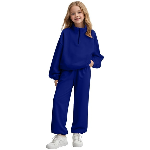 Ulanda 2PC Youth Fleece Outfits Half Zipper Neck Sherpa Hoodies Baggy Wide Leg Pants Teen Casual Sweatshirts Suits (Blue, 12-13 Years)