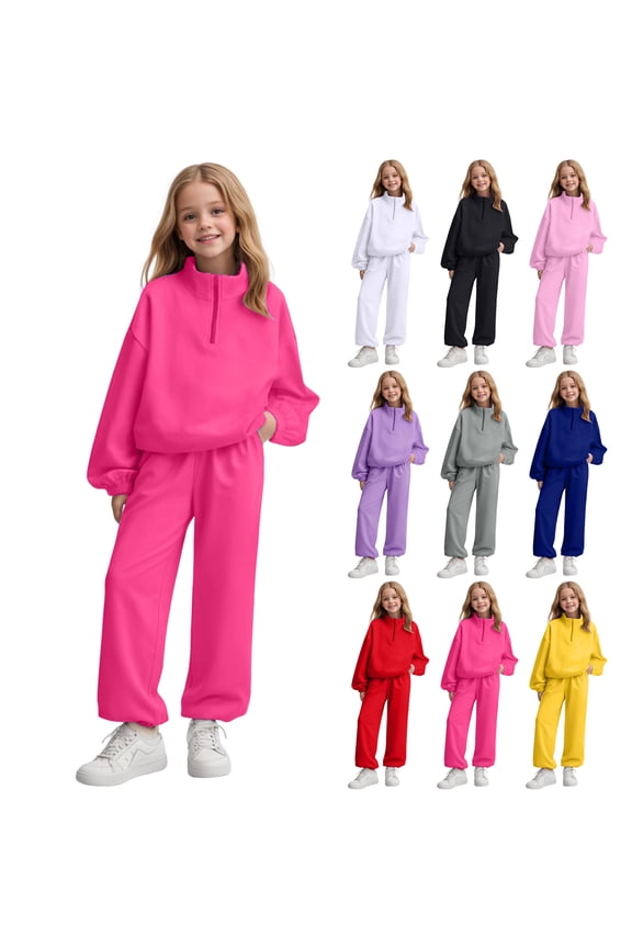 2PC Youth Fleece Outfits Half Zipper Neck Sherpa Hoodies Baggy Wide Leg Pants Teen Casual Sweatshirts Suits (Pink, 12-13 Years)