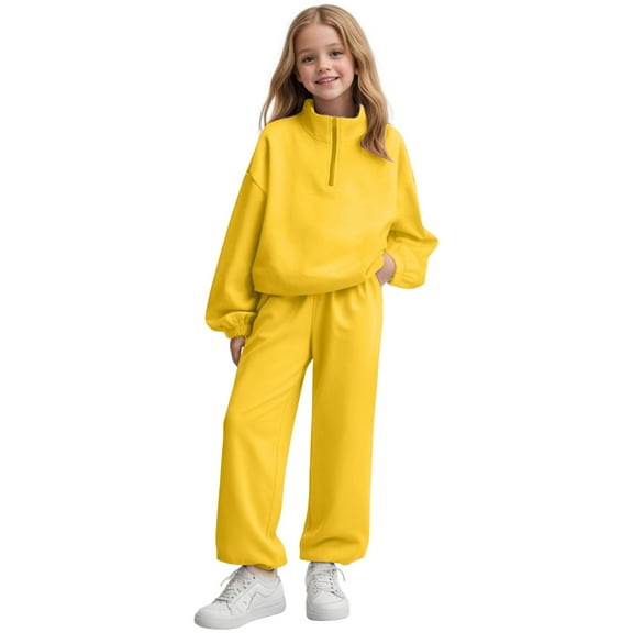 Ulanda 2PC Youth Fleece Outfits Half Zipper Neck Sherpa Hoodies Baggy Wide Leg Pants Teen Casual Sweatshirts Suits (Yellow, 12-13 Years)