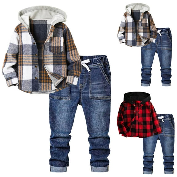 Ulanda 2PCS Toddler Boy Clothes Winter Fall Outfits Flannel Plaid Hoodie Sweatshirt White T-Shirt Jeans Sets for 2-7Y Boys (Blue, 5-6 Years)