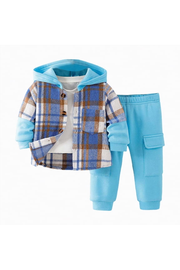 2Pcs Kids Boys Flannel Plaid Shirt Tops Pants Set Hoodie Sweatsuit for Fall Winter Spring Outfits 4-12 Years (Blue, 18-24 Months)