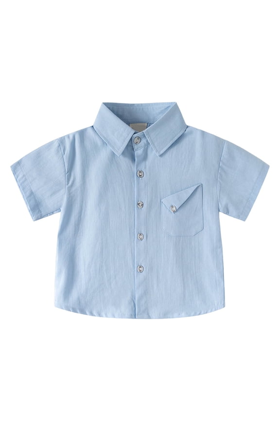 2T-16Y Boys' Short Sleeve Button Down Toddler Dress Shirt Oxford Uniform Shirt with Chest Pocket (Blue, 1-2 Years)