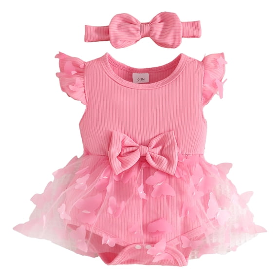 Ulanda 3-24M Girl Bodysuit Dress Baby Romper Tutu Dresses Toddler Knit Tulle Skirt Birthday Holiday Outfits (Pink, 3-6 Months)