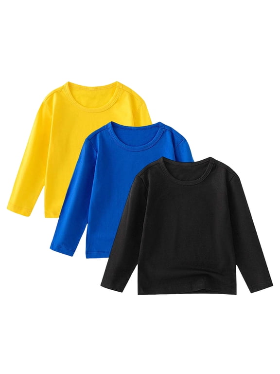 3 Pack Girls Boys Long Sleeve Shirts Toddler Kids Cotton T-Shirt Basic Crew Neck Top Solid Color Tees Casual Tshirt (Light Yellow, 8-10 Years)