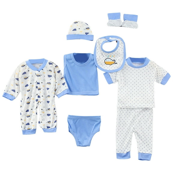 Ulanda 8Pcs Unisex Baby Cotton Layette Outfit Set Newborn Layette Gift Set Baby Cotton Clothes Suit for Newborn to 3 Months (Blue, 0-3 Months)