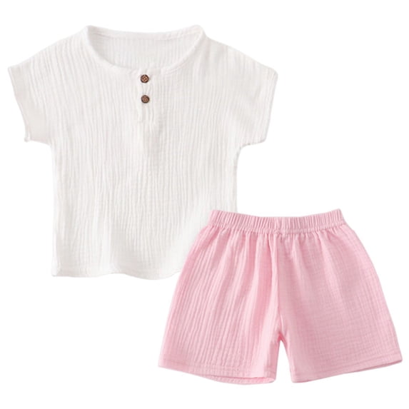 Ulanda Baby 2 Piece Outfit Summer Cotton Linen Beach T Shirt Shorts Set Boys Girls Solid Color Short Sleeve Tops Set Clothes (Pink, 6-12 Months)