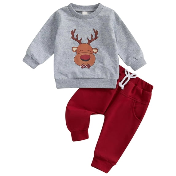 Ulanda Baby Boy Christmas Outfits 2Pcs Set Infant Toddler Clothes Long Sleeve Reindeer Sweatshirt Shirts Red Pants Outfit (Grey, 12M)