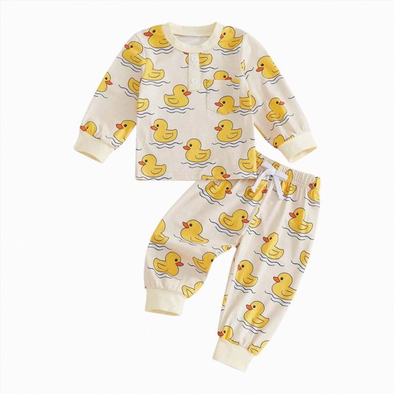 Ulanda Baby Boy Clothes Pattern Print Toddler Long Sleeve Button Shirt Sweatshirt Tops And Elastic Waistband Pants Set, Everyday, Comfortable, Adorable (Yellow, 12-18 Months)