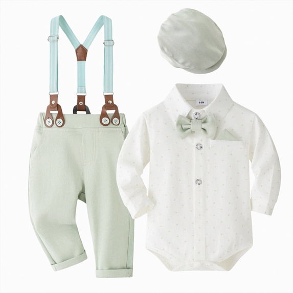 Ulanda Baby Boy Clothes Set Infant Tuxedo Long Sleeve Gentleman Suit Outfits + Beret Hat + Suspender Pants + Bowtie (Light Green, 9-12 Months)