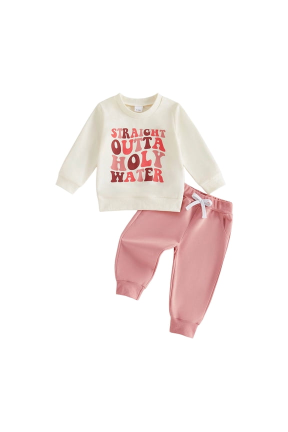 Baby Boy Girl Baptism Outfits Straight Outta Holy Water Sweatshirt Shirt Pants Set Toddler Fall Christening Clothes (Pink, 2-3 Years)