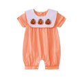 thumbnail image 1 of Ulanda Baby Boy Smocked Pumpkin Romper Short Sleeve Embroidery Truck Babydoll Collar Gingham Jumpsuit Halloween Clothes (Orange, 6-12 Months), 1 of 9