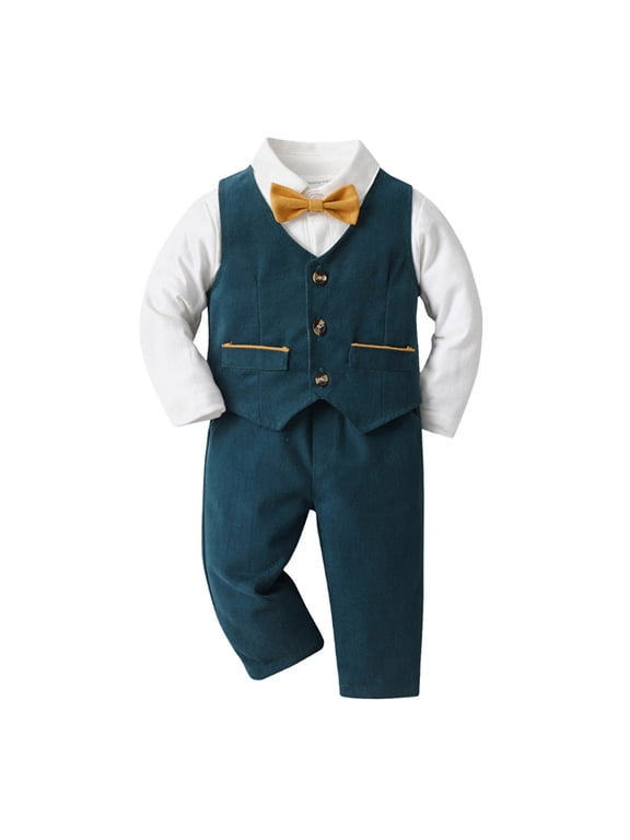 Baby Boy Suit Set Infant Tuxedo Boys Formal Outfit Soft Cotton Shirt Vest Pants Bow Tie for Wedding Baptism Birthday Party (Blue, 18-24 Months)