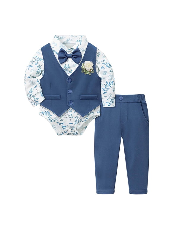 Baby Boy Wedding Tuxedo Suit Set 3-Piece Gentleman Bowtie Romper with Vest & Pants for Christening (Blue, 12-18 Months)