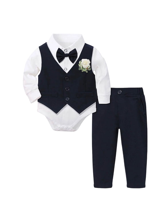 Baby Boy Wedding Tuxedo Suit Set 3-Piece Gentleman Bowtie Romper with Vest & Pants for Christening (Navy, 6-12 Months)