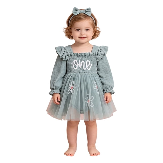 Ulanda Baby Girl 1st Birthday Clothes One Year Old Tulle Romper Long Sleeve Bodysuit Cake Smash Outfits (Green, 9-12 Months)