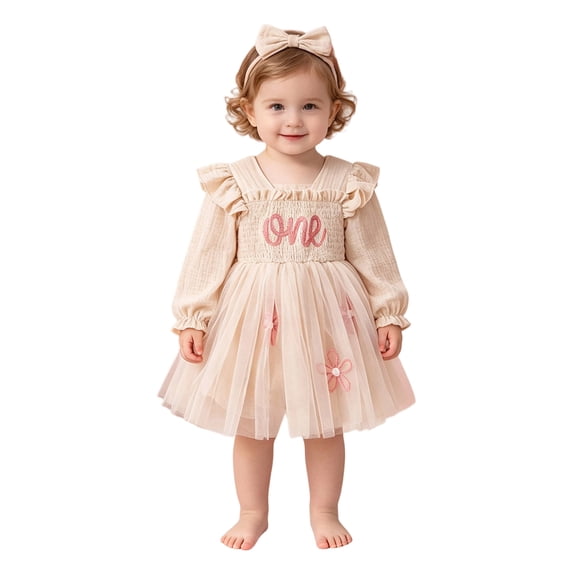Ulanda Baby Girl 1st Birthday Clothes One Year Old Tulle Romper Long Sleeve Bodysuit Cake Smash Outfits (White, 6-9 Months)