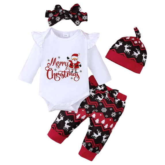 Ulanda Baby Girl Christmas Outfit My First Christmas Ruffle Sleeve Romper Santa Pants with Headband Baby Christmas Clothes (White, 6-9 Months)