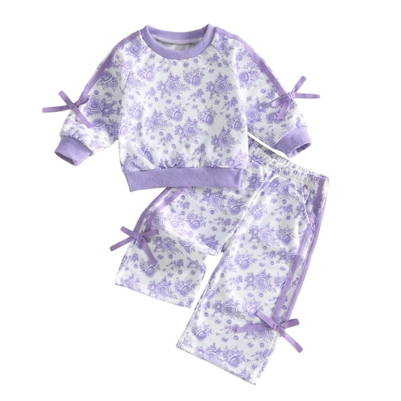 Ulanda Baby Girl Clothes Fall Winter Toddler Girls Outfits Long Sleeve Ruffle Printed Bows Shirt Pants 2 Piece Clothing Set (Purple, 12-18 Months)