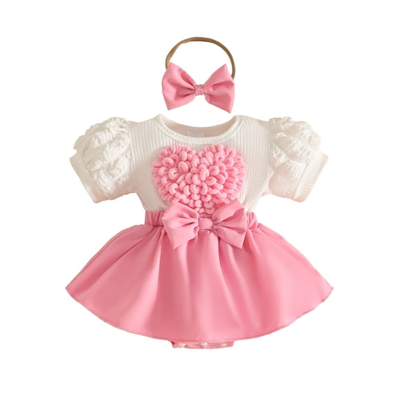 Ulanda Baby Girl Clothes Summer Outfit Romper Skirt Ruffle Sleeve Cute Bow Headband Bodysuit Set 0-18 Months (Pink, 9-12 Months)