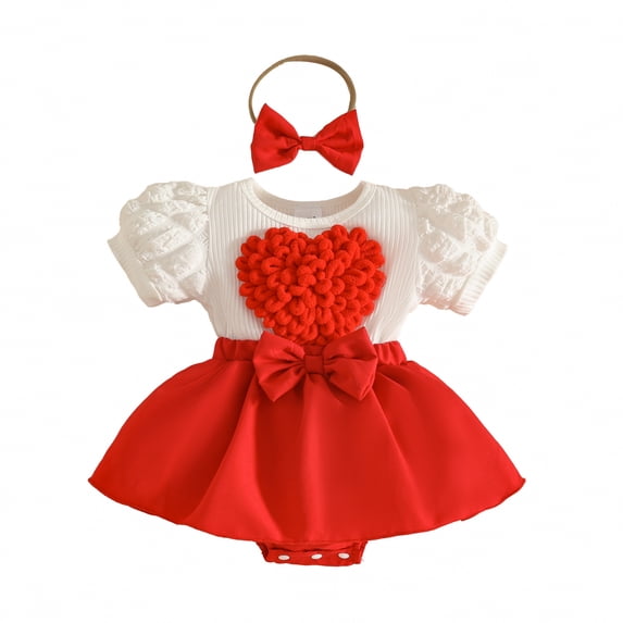 Ulanda Baby Girl Clothes Summer Outfit Romper Skirt Ruffle Sleeve Cute Bow Headband Bodysuit Set 0-18 Months (Red, 9-12 Months)