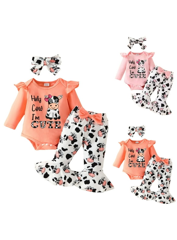 Baby Girl Cow Print Outfit Infant Cow Clothes for Girls Baby Bell Bottom Outfit Sets (Orange, 9-12 Months)