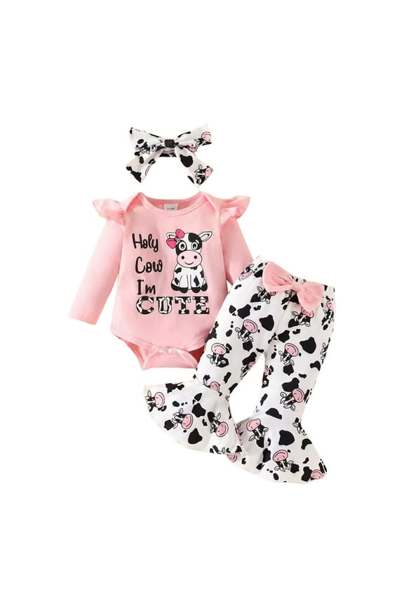 Baby Girl Cow Print Outfit Infant Cow Clothes for Girls Baby Bell Bottom Outfit Sets (Pink, 12-18 Months)