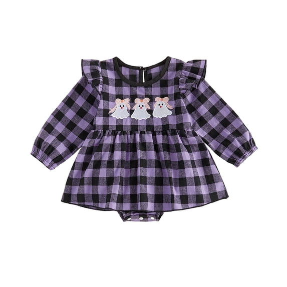 Ulanda Baby Girls Halloween Plaid Romper Dress Cute Print Embroidery Fly Sleeves Jumpsuits and Cute Headband Set (Purple, 12-18 Months)