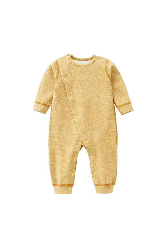 Baby Infant Cotton Rompers One Piece Long Sleeve Jumpsuits Newborn Side Open Button down Onesie Clothes Solid Soft (Yellow, 18-24 Months)