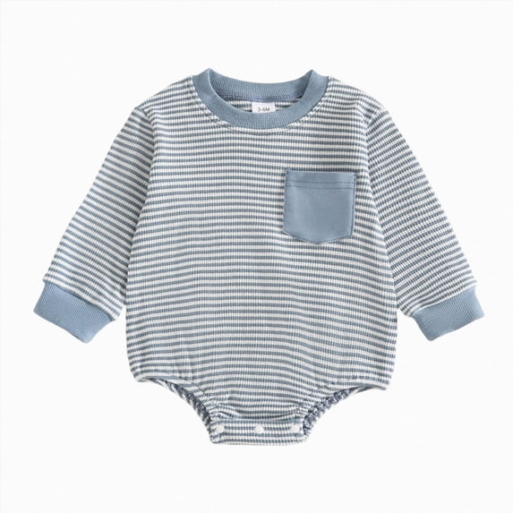 Ulanda Baby Sweatshirt Romper Boy Girl Waffle Knit Long Sleeve Striped Romper Oversized Sweater Newborn Fall Winter Clothes (Blue, 12-18 Months)