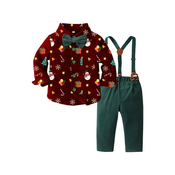Ulanda Baby Toddler Boy Christmas Outfit Reindeer Printed Detachable Bow Shirt Top Suspenders Pant Sets Boys Christmas Outfit (Red, 3-4 Years)