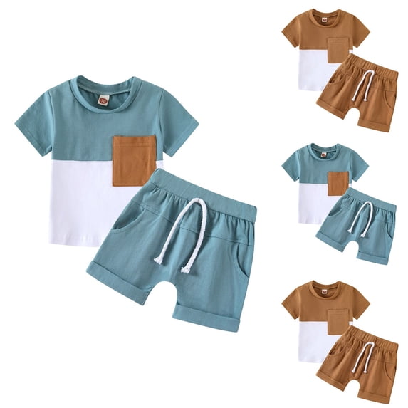 Ulanda Baby Toddler Boy Clothes Summer Outfits 6 12 18 24 Months Patchwork Short Sleeve T Shirt & Shorts Sets with Pockets (Light Blue, 6-12 Months)