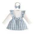 thumbnail image 1 of Ulanda Baby Toddler Girls Ruffle Long Sleeve Bodysuit Ribbed Plaid Romper Dress Fall Winter Outfit with Headband (Light Blue, 6-9 Months), 1 of 4