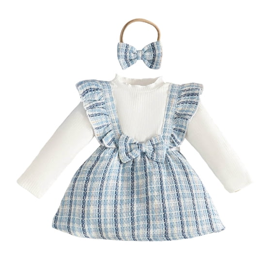 Ulanda Baby Toddler Girls Ruffle Long Sleeve Bodysuit Ribbed Plaid Romper Dress Fall Winter Outfit with Headband (Light Blue, 6-9 Months)