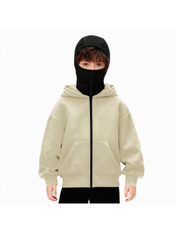 Balaclava Hoodie for Boys Girls Kids Windproof Ski Mask Hoodies Oversized Full Zip Sweatshirt Jacket with Pockets (Beige, 10-11 Years)