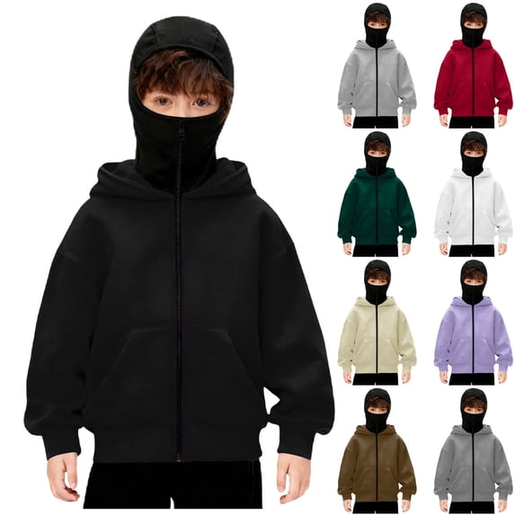 Ulanda Balaclava Hoodie for Boys Girls Kids Windproof Ski Mask Hoodies Oversized Full Zip Sweatshirt Jacket with Pockets (Red, 6-7 Years)