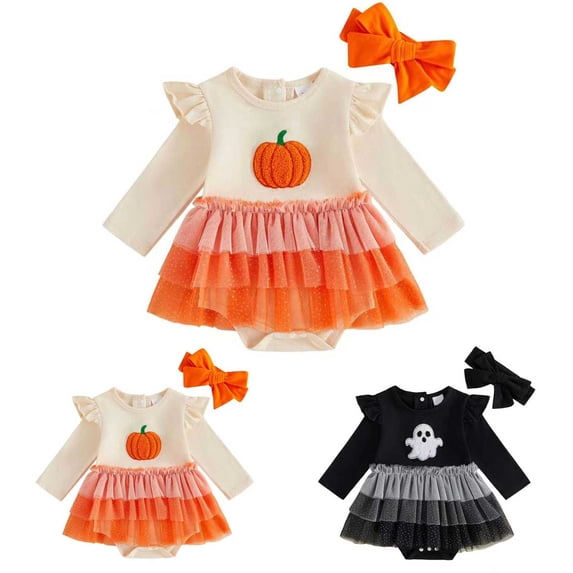 Ulanda Big Little Sister Matching Halloween Outfit Long Sleeve Tutu Tulle Dress Toddlers Baby (Orange, 6-12 Months)
