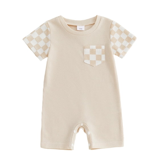 Ulanda Boy Girl Clothes Checkered Plaid Romper Jumpsuit Short Sleeve One-Piece Bodysuit Summer Outfit (Beige, 12-18 Months)