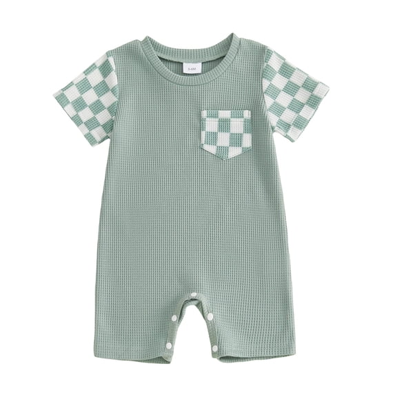 Ulanda Boy Girl Clothes Checkered Plaid Romper Jumpsuit Short Sleeve One-Piece Bodysuit Summer Outfit (Green, 6-12 Months)