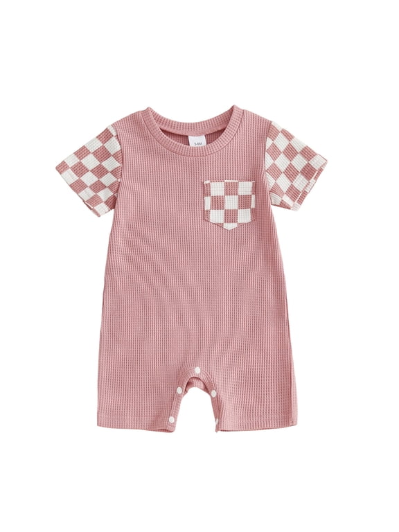 Boy Girl Clothes Checkered Plaid Romper Jumpsuit Short Sleeve One-Piece Bodysuit Summer Outfit (Pink, 3-6 Months)
